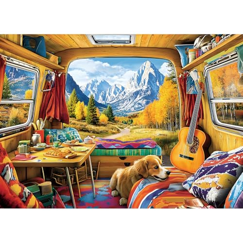 Puzzles for Adults 1000 Pieces Fall Mountain Camping Jigsaw Puzzles | Dog Animal Landscape Jigsaw Puzzles 1000 Pieces for Adults with Letter Challenging Game Nights, Dust Free, 27.5 x 19.7 Inches - color: Yellow - Mountain View Camping