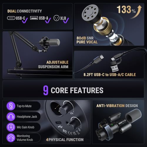FIFINE AmpliTank K688T Dynamic Microphone Set, Podcast XLR/USB Mic | Studio Streaming Mic with Heavy Duty Boom Arm, Mute Tap, Headphone Jack, for Vocal Content Creation Recording, Metal Built - size: K688T Black