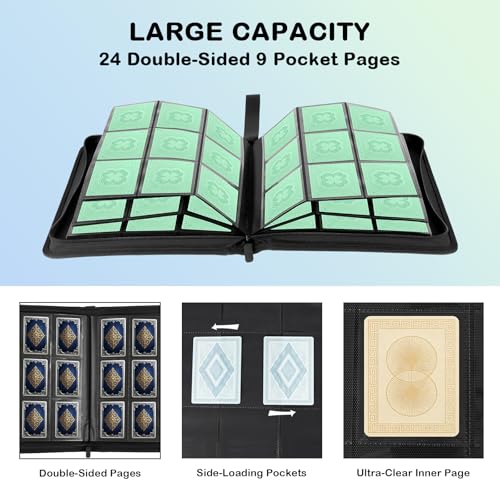 Prilino Ringless Trading Card Binder, 9 Pocket, 432 Storage Capacity, Green | Premium Double-Sided PU Leather & Side Load Design, Smooth Page Turning, Tight Zip Closure, Conveniently Fits Sleeved Cards - color: Green