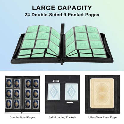 Prilino Ringless Trading Card Binder, 9 Pocket, 432 Storage Capacity, Green | Premium Double-Sided PU Leather & Side Load Design, Smooth Page Turning, Tight Zip Closure, Conveniently Fits Sleeved Cards - color: Green