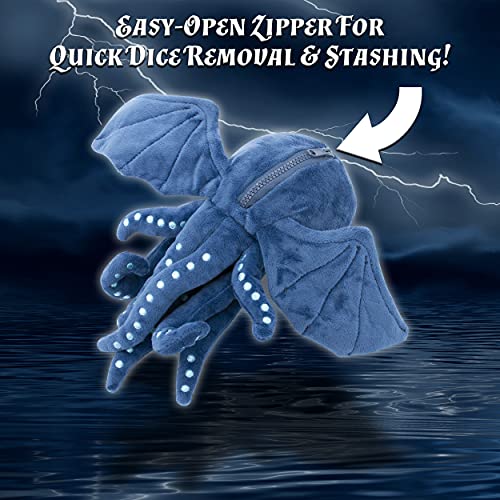CASEMATIX DnD Dice Holder & Soft Dice Case with 7-Piece RPG Dice Set – 9.5” Sea Monster Plush Dice Storage for 21 Dice, Zippered Dice Container & Tabletop Dice Organizer