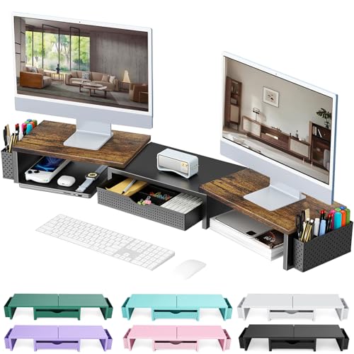 gianotter Dual Monitor Stand Riser With Drawer and 2 Pen Holders | Wood Computer Monitor Stand Desk Organizer and Accessories Desk Shelf for Top of Desk (Wood) - color: Wood