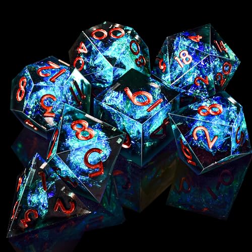 AUSTOR 7-Die DND Dice Set, Handmade Sharp Edge Polyhedral Dice for Dungeons and Dragons RPG MTG Table Games（Black & Blue） - color: Black & Blue