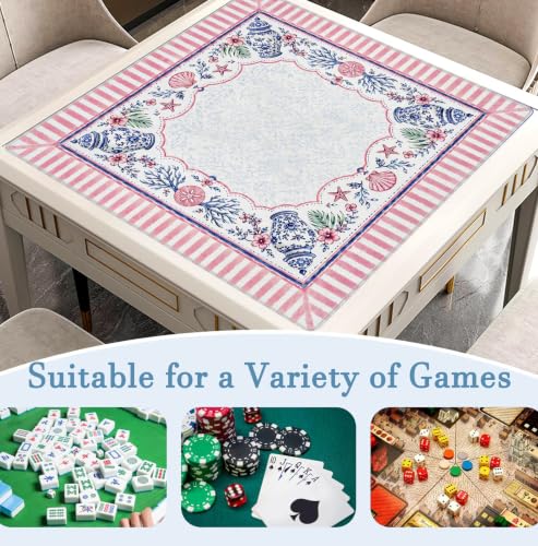 Blue Chinoiserie Coastal Beach Mahjong Mat 31.5x31.5 Inch | Preppy Pink Floral Coastal Starfish Non-Slip Noise Reduction Mah Jong Table Mat Cover Gifts for Mahjong Lovers Dominoes - color: Chinese-style Beach