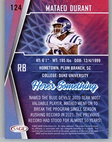 2022 Sage High Series Gold #124 Mataeo Durant Duke RC Rookie Football Trading Card