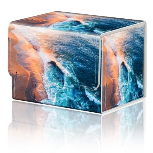 Magnetic Closure TCG Deck Box Portable Card Holder Trading Card Deck Box | PU Leather Collectible Card Case Game Trading Card Deck Box Storage Scratch Resistant Lining, Aerial Sunset Beach Ocean Wave - color: Aerial Sunset Beach Ocean Wave