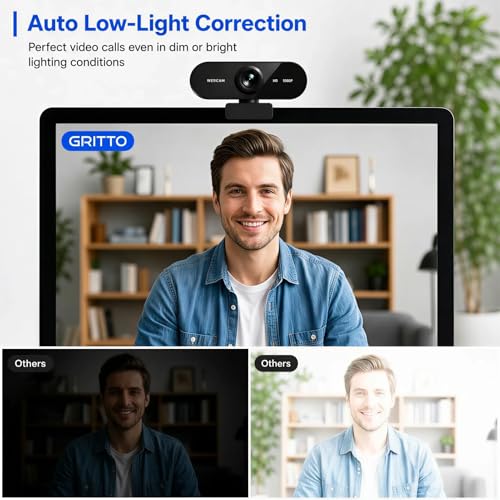 Gritto 1080P HD Webcam with Auto Focus & Microphone, 30FPS Computer Camera, USB Plug-and-Play with Type-C Adapter, 360° Rotating Webcam for Zoom Meetings, Teams, Streaming & Online Classes