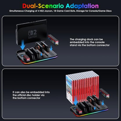 Switch 2 Dock, Charging Dock for Joycon 2, Nintendo Switch 2 Accessories, RGB Games Organizer Docking Station with Controller Charger with 18 Game Card Slots and Cable
