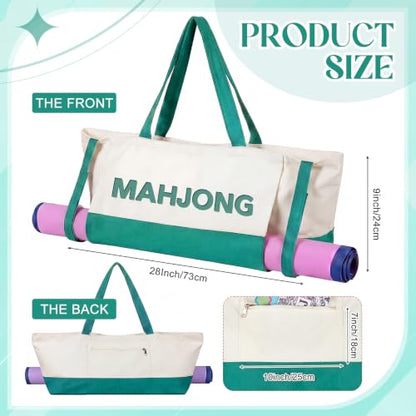 Abbylike 28x9 Inches Mahjong Bag for Rolled Mat Tiles Racks Pushers Accessories Empty Mahjong Tote Bag with Zipper Closure Outer Pockets Lining Large Capacity (Beige&Teal,Canvas) - color: Beige&teal