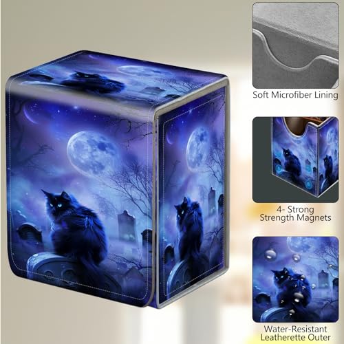 Card Deck Box, Card Storage Box Fits 100+ Single Sleeved Cards, Large Capacity PU Leather Card Storage Box with Strong Magnet for Magic Commander TCG CCG, Night Black Cat - color: Night Black Cat