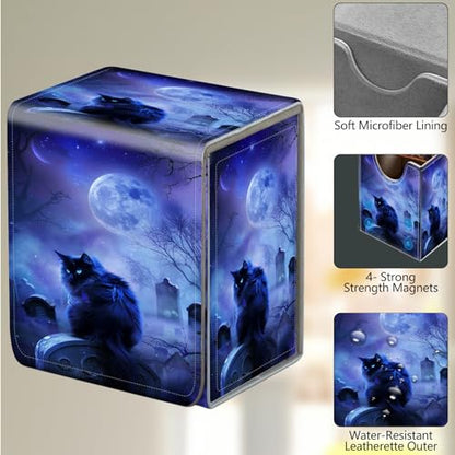 Card Deck Box, Card Storage Box Fits 100+ Single Sleeved Cards, Large Capacity PU Leather Card Storage Box with Strong Magnet for Magic Commander TCG CCG, Night Black Cat - color: Night Black Cat