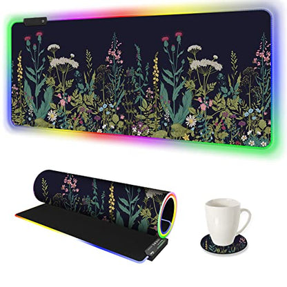 RGB Gaming Mouse Pad Large, AIMSA Keyboard Led Mousepad Extended 35.4 x 15.8 inch Non-Slip Rubber Base with 14 Lighting Modes, Big Desk Mat Waterproof, Flowers Plants - color: Flowers Plants