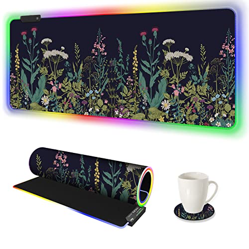 RGB Gaming Mouse Pad Large, AIMSA Keyboard Led Mousepad Extended 35.4 x 15.8 inch Non-Slip Rubber Base with 14 Lighting Modes, Big Desk Mat Waterproof, Flowers Plants - color: Flowers Plants