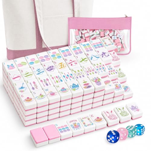 Soulchen 1.2 Inch Pink Tea Party Themed American Mahjong Tiles Set | Complete 168 Pastel Melamine Tiles with Dice Large Tote Bag Portable Pouch for Game Night Travel Vacation Collection Gift