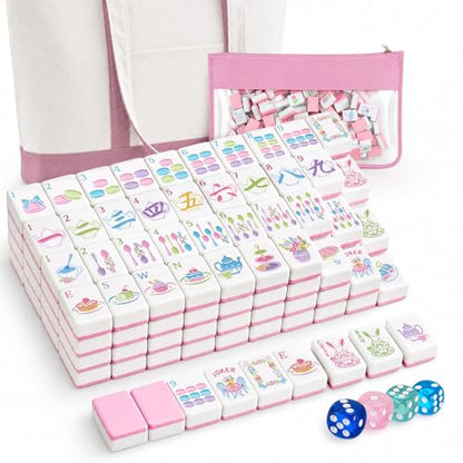 Soulchen 1.2 Inch Pink Tea Party Themed American Mahjong Tiles Set | Complete 168 Pastel Melamine Tiles with Dice Large Tote Bag Portable Pouch for Game Night Travel Vacation Collection Gift