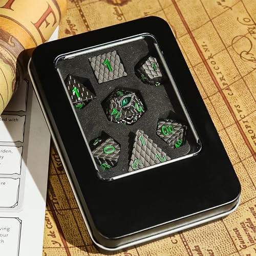 Metal Dice Set D&D,7 PCS Dragon Scale Metallic DND Dice Set,Dragon Eye Metal Dice with Grogeous Gift Case for Dungeons and Dragon Tabletop Game (Black Dragon Scale & Green Eye) - color: Black Dragon Scale & Green Eye