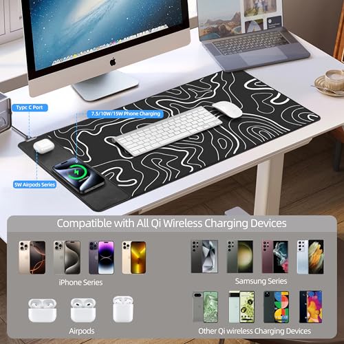 Magnetic Wireless Charging Mouse Pad, 31.5"x15.8" XXL Desk Mat | Gaming Mousepad, Ultra-Smooth Surface, Non-Slip Rubber Base, Waterproof Computer Keyboard Pad, Black and Topographic Line - color: Black and Topographic Line - 31.5"x15.7"