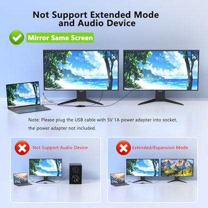 HDMI Splitter 1 in 2 Out, 4K HDMI Splitter for Dual Monitors- Copy 1 Source to 2 Displays at The Same Time (Need Power 5V 1A), Monitor Split for 2 Monitors, Compatible for Projector/TV/Monitor.