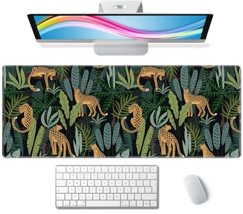 Leopard Jungle Animal Tropical Leaves Large Gaming Mouse Pad with Stitched Edges, Desk Pad Extended Keyboard Mat, Non-Slip Rubber Base Mousepads for Laptop, Office, Home, 31.5X11.8 inch - color: Leopard Jungle Animal Tropical Leaves