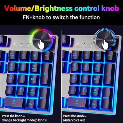Wireless Gaming Keyboard with knob and Mouse Combo USB Dongle 2.4G Rechargeable 3000mAH Battery RGB Backlit Stainless Panel 4200DPI Side Button Mice for PC Laptop Compatible with Windows 8/9/10 MacOS