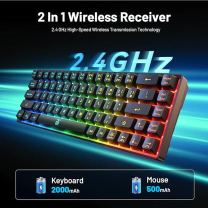 Snpurdiri 60% Wireless Gaming Keyboard and Mouse Combo,LED Backlit Rechargeable 2000mAh Battery,Small Membrane But Mechanical Feel Keyboard + Popular RGB Mice for Gaming,Business Office - color: Black Combo