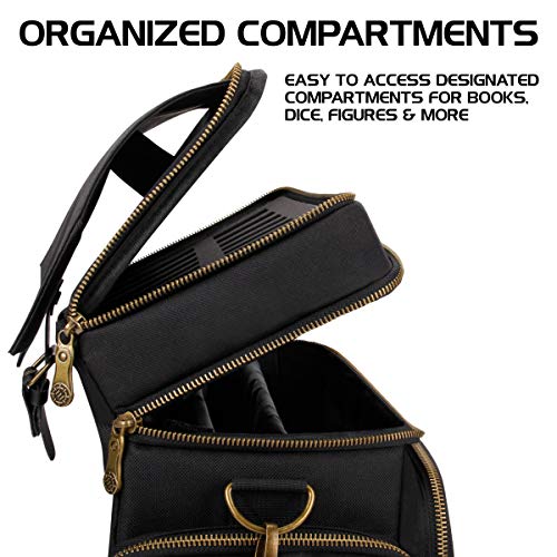 ENHANCE Tabletop DnD Bag - RPG Adventurer's Dungeons and Dragons Accessories Bag with Miniatures Storage, Mat Holder, DnD Dice & Token Pockets, Fits 4-8 DnD Books, DM Guide, Player's Handbook (Black) - color: Black And Bronze