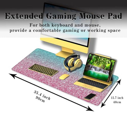 Gaming Mouse Pad Office Desk Mat, Extra Large Pink Glitter Pad for Women, Waterproof Non-Slip Rubber Base, 35.4 X 15.7 in for Work/Game/Office - color: Glitter Pink