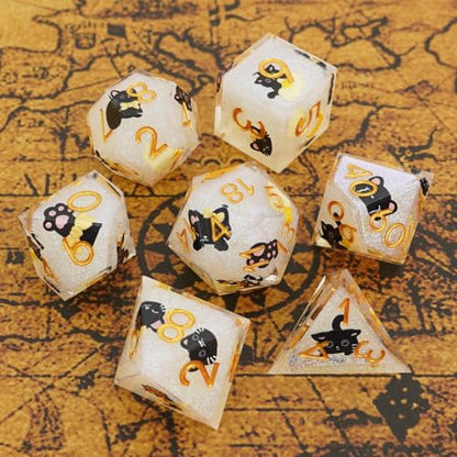 DND Cat Dice Set for Role Playing Gaming with Box, Sticker Sharp Edged Polyhedral Resin DND Dice Set with Cute Black Cat ＆ Yellow Image, D% D20 D12 D10 D8 D6 D4 Dice RPG MTG Gift (White) - color: White-yellow, style: Cat