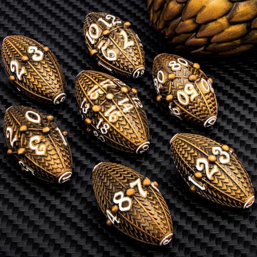 ARUOHHA DND Metal Dice Antique Gold Dragon Egg Dice with Metal Box, Role Playing Game RPG Polyhedral D and D Dice Set D20 D12 D10 D8 D6 D4 - color: Ancient Gold-02