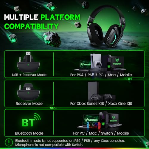 WESEARY Wireless Gaming Headset for Xbox Series X|S, 80H Ultra-Low Latency | 50mm Driver, 3D Sound, Dynamic Light & Noise Cancelling Mic, Work with PC, Ps5, Switch, 2.4GHz & Bluetooth, Game & Music Mode - color: Raven Black