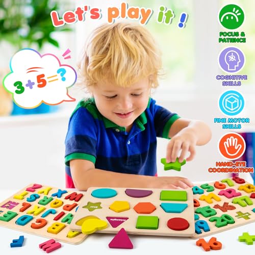 Attmu Wooden Puzzles for Toddlers, 3 Pcs Alphabet Puzzle ABC Shape Number Puzzle, Learning Toys for Kids, Preschool Educational Activities Toddler Gift Toys for Girls Boys Christmas Valentines Easter - size: 3 Pack