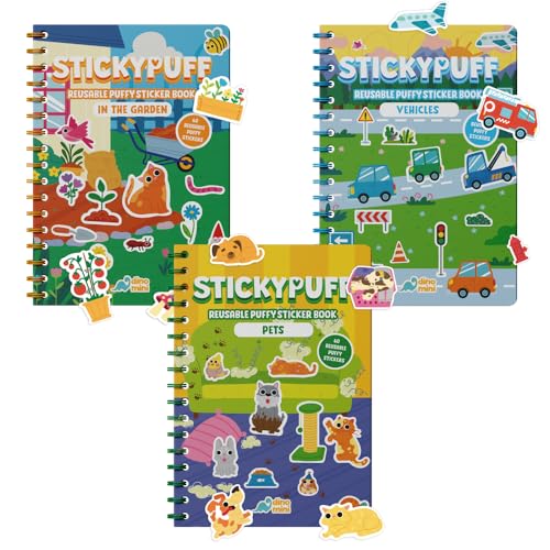 DINO MINI Stickypuff Value Pack - 3 Reusable Puffy Sticker Book for Toddlers - Puffy Stickers for Toddlers - Travel Activities for Kids Ages 4-8 - Screen Free Birthday Gifts (Around Us) - color: Around Us