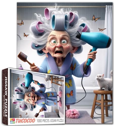Old Woman Blow Hair Jigsaw Puzzle 1000 Piece for Adult Old Woman Combing Hair Little Cat Butterfly Challenging Family Activity Games Unique Home Decor Gifts Family Activity Perfect for Game Night - color: Old Woman-a13