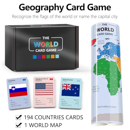 The World Card Game - World Flags Flashcards - Geography Board Game with World Map Educational Games for Adults Party Game Night, Birthday Learning Gift for 2-5 Players