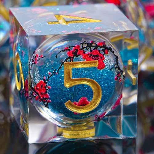 D&D Dice Set Resin Liquid Core DND Plum Blossom Polyhedral Dice Set with Gift Box, Dice for Role Playing Table Game for RPG MTG D20 D12 D10 D8 D6 D4 D% - color: Blue
