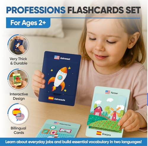 Kidrox Career & Professions Flash Cards, English Learning Cards with Spanish Translations, Interactive Open & Cover, 30 Pack - style: Professions