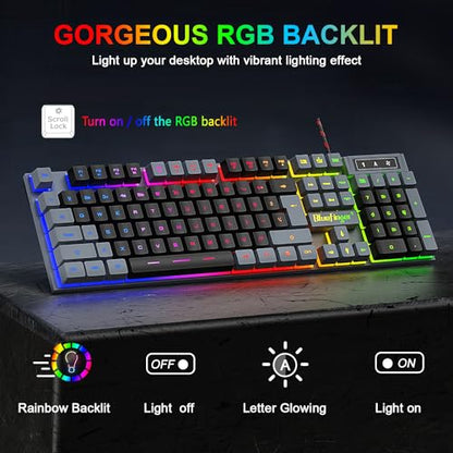 BlueFinger RGB Gaming Keyboard and Backlit Mouse Combo, USB Wired, LED Gaming Set for Laptop PC Computer Game and Work(Gray & Black) - color: Gray & Black