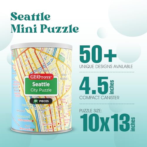 Geotoys Seattle Mini City Puzzle - 100 Piece Puzzles for Kids and Adults in Portable Can, 13" x 10" Educational Travel Puzzle for Ages 7 and Up - Mini Puzzles to Learn & Explore Geography - style: Seattle