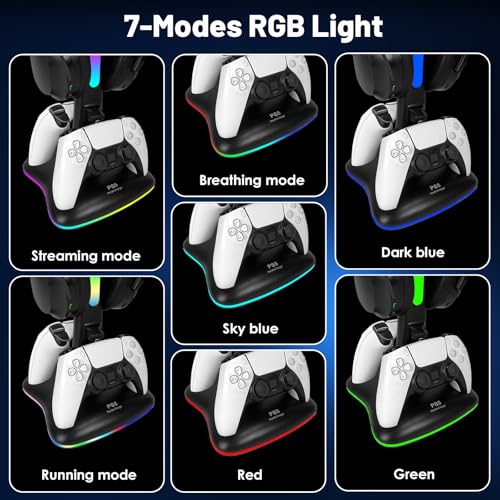 PS5 Controller Charger with RGB Headphone Stand, PS5 Controller Charging Station with 2 USB Port, Headset and Controllers Stand Holder for PlayStation 5, Gaming Gifts for Gamers Men - size: Dual Charger for PS5