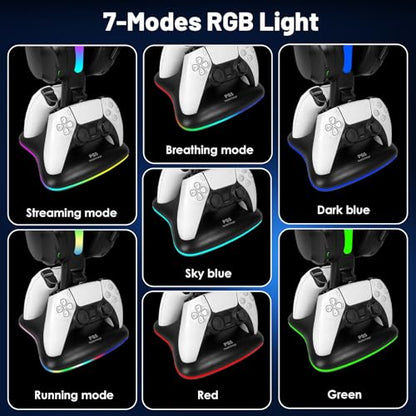 PS5 Controller Charger with RGB Headphone Stand, PS5 Controller Charging Station with 2 USB Port, Headset and Controllers Stand Holder for PlayStation 5, Gaming Gifts for Gamers Men - size: Dual Charger for PS5