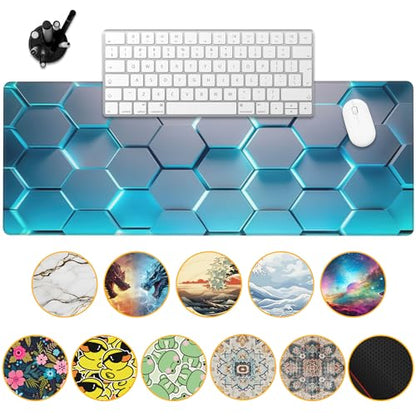Gaming Mouse Pad,Honeycomb Hexagon Desk Mat,31.5""X15.7"" Large Desk Pad with Stitched Edge Non-Slip Base Keyboard Big Mouse Pad for Office Home Work Gaming-Blue, WDQ-D01 - color: Neon Hexagon