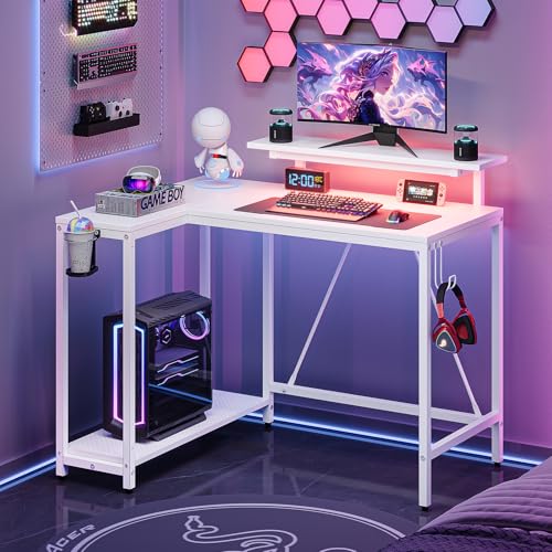 Pinmoco 42" Reversible Small L-Shaped Gaming Desk with LED Lights, White | corner desk fits small spaces, monitor stand, cup holder, headset hook, carbon fiber surface, for gaming and home office - color: Carbon Fiber White