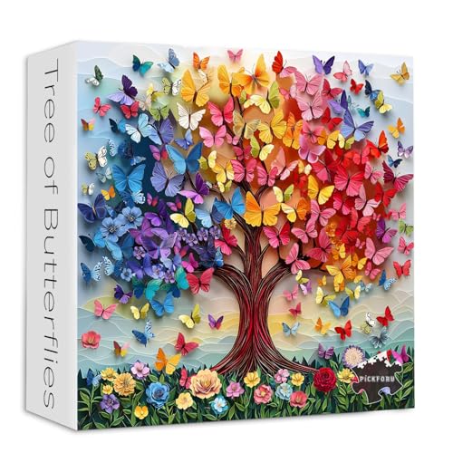 PICKFORU Colorful Butterfly Puzzles for Adults 1000 Pieces, Tree of Life Jigsaw Puzzle Rainbow Floral, Unique Spring Flower Art Theme as Home Decor