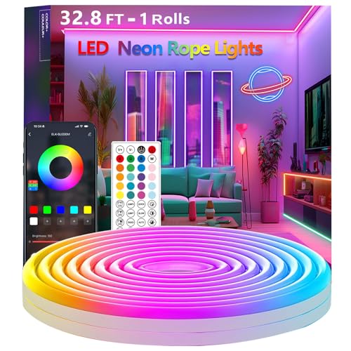 32.8FT RGB Rope Lights,Flexible Led Neon Light Control with App/Remote,Multiple Modes,IP65 Outdoor Waterproof,Music Sync Strip for Bedroom - size: 32.8FT RGB Rope Lights