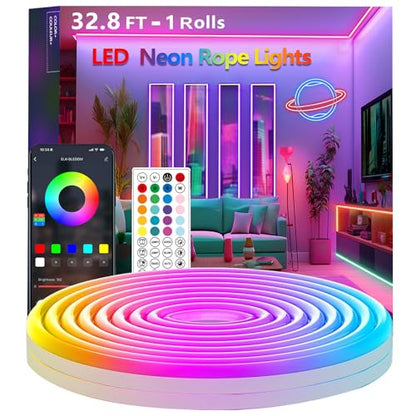 32.8FT RGB Rope Lights,Flexible Led Neon Light Control with App/Remote,Multiple Modes,IP65 Outdoor Waterproof,Music Sync Strip for Bedroom - size: 32.8FT RGB Rope Lights