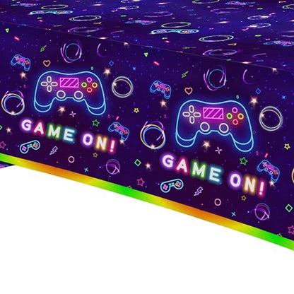 Video Game Party Tablecloth Decorations, Neon Glow Theme, 3 Pack | Disposable Neon Glow Level Up Game On Birthday Party Supplies Table Cover, 54in x 108in