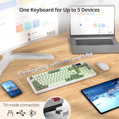 Fogruaden 96% Wireless Green Keyboard with Number Pad and Knob, Mechanical Feel, RGB Quiet Matcha Membrane Gaming Keyboard, Spill-Resistant, 3-Modes USB Rechargeable Silent Creamy Keyboard for Win/Mac - color: Matcha
