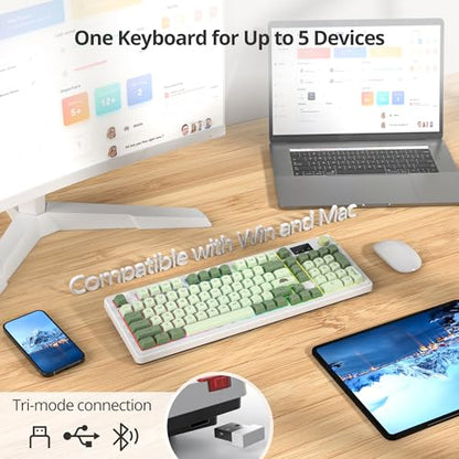 Fogruaden 96% Wireless Green Keyboard with Number Pad and Knob, Mechanical Feel, RGB Quiet Matcha Membrane Gaming Keyboard, Spill-Resistant, 3-Modes USB Rechargeable Silent Creamy Keyboard for Win/Mac - color: Matcha