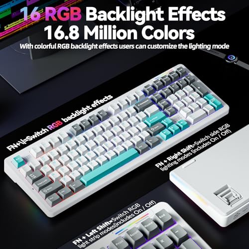 LINGBAO K98 - 96% Mechanical Keyboard Wireless,10000mAh Battery,Wireless Gaming Keyboard BT5.0/2.4G/USB-C, Gasket Hot Swappable,RGB Backlit, Creamy Sounding Keyboards with Number Pad for Win/Mac/PC - color: K98 | 10000mAh | White Blue Grey