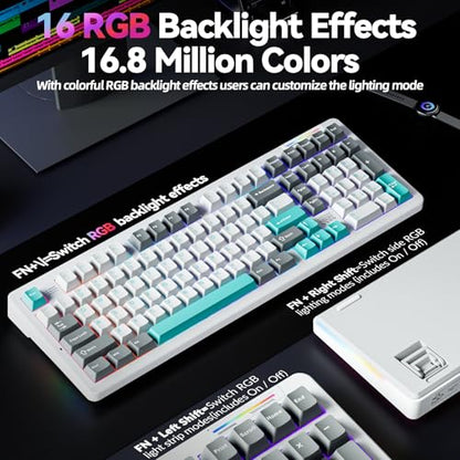 LINGBAO K98 - 96% Mechanical Keyboard Wireless,10000mAh Battery,Wireless Gaming Keyboard BT5.0/2.4G/USB-C, Gasket Hot Swappable,RGB Backlit, Creamy Sounding Keyboards with Number Pad for Win/Mac/PC - color: K98 | 10000mAh | White Blue Grey